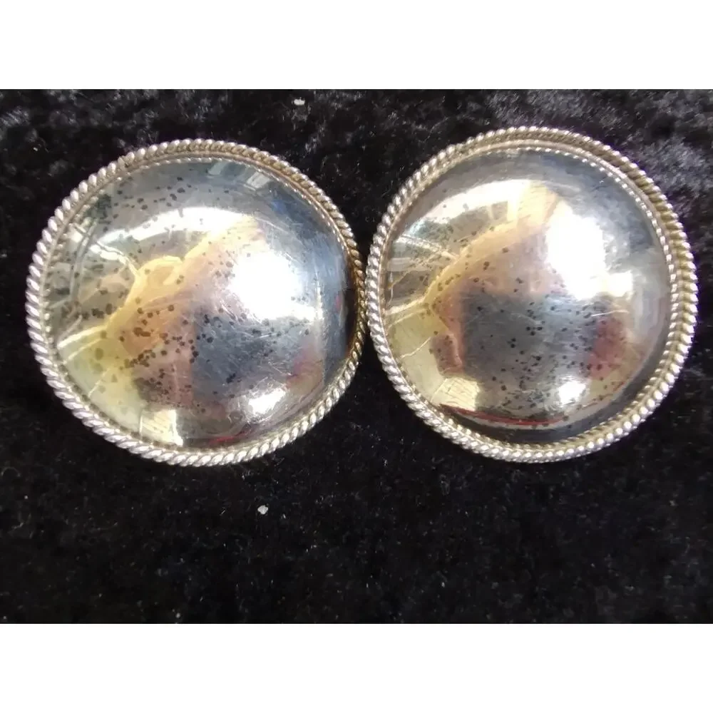 Vintage Sterling Silver Doorknocker Round Puffy Dome Rope Edge Clip Earrings